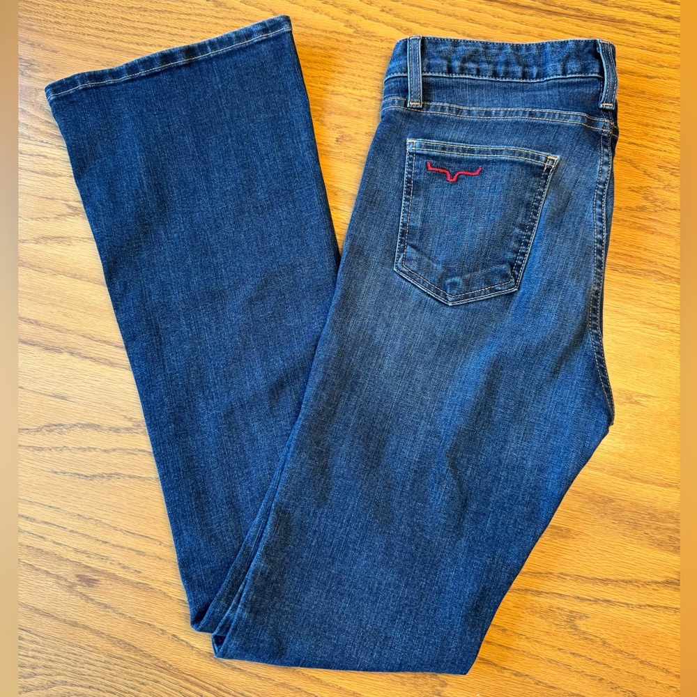Kimes Ranch Women's Dark Blue Boot Cut Jeans with Red Back Pocket Detail